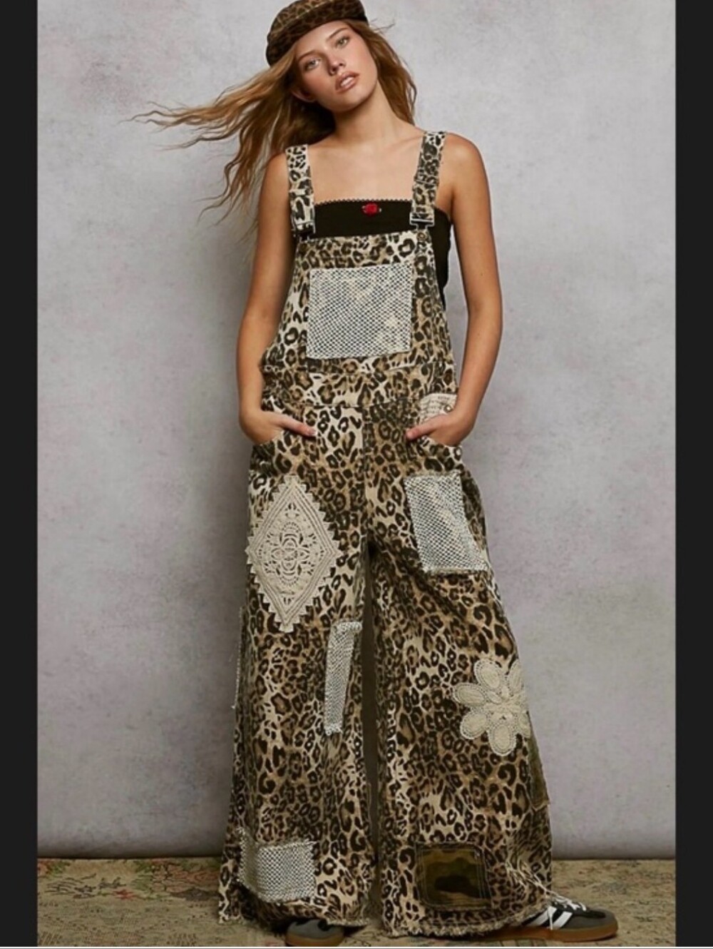 POL Leopard Print Wide-Leg Overalls with Crochet Patch Details - Brown
